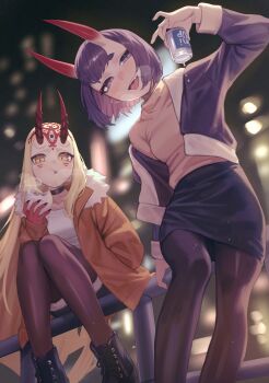 Rule 34 | 2girls, beer can, blonde hair, breasts, can, chorogon, commentary request, drink can, eating, eyeliner, facial mark, fate/grand order, fate (series), food, forehead, forehead mark, hair pulled back, highres, horns, ibaraki douji (fate), long hair, looking at viewer, makeup, multiple girls, oni, open mouth, purple eyes, purple hair, short hair, shuten douji (fate), skin-covered horns, small breasts, smile, steamed bun, tattoo, yellow eyes