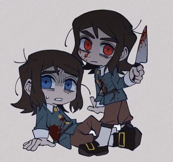 2boys abaddon_(haunted_hotel) blood blood_on_clothes blood_on_face bloody_knife bloody_weapon blue_coat blue_eyes brown_hair chibi coat commentary grey_background haunted_hotel highres holding holding_knife insidej043 knife long_hair looking_at_viewer looking_back male_focus multiple_boys priest's_son_(haunted_hotel) red_eyes shaded_face simple_background sitting slit_pupils symbol-only_commentary weapon