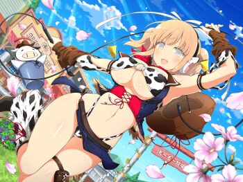 1girl animal_print arch blue_flower blue_sky blush boots breasts bucket bush cleavage cloud cow cow_print cowboy_hat cowboy_western day farm flower gate grass grey_eyes hat headphones highres large_breasts looking_at_viewer marvelous microskirt navel official_alternate_costume official_art open_mouth orange_hair pink_flower ribbon senran_kagura senran_kagura_new_link senran_kagura_new_wave short_hair skirt sky smile solo thigh_strap thong translation_request twintails underboob ushimaru_(senran_kagura) ushiwakamaru_(senran_kagura) yaegashi_nan