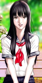 1girl absurdres black_hair blue_sailor_collar blue_skirt blurry blurry_background breasts flower highres lips long_hair long_sidelocks looking_at_viewer neckerchief oku_hiroya open_mouth original pleated_skirt red_neckerchief sailor_collar school_uniform serafuku short_sleeves sidelocks skirt small_breasts smile solo standing straight_hair teeth upper_body