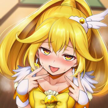 1girl blonde_hair blush collarbone cure_peace double_v earrings heart heart-shaped_pupils heart_in_eye jewelry kise_yayoi okasa_re_taii open_mouth ponytail precure smile_precure! solo symbol-shaped_pupils symbol_in_eye tongue tongue_out torogao v wrist_cuffs yellow_eyes