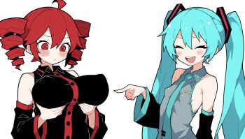 2girls absurdres ahoge aqua_hair aqua_necktie aqua_trim artist_request bare_shoulders black_shirt black_sleeves blush blush_stickers breast_conscious breast_lift breasts buttons closed_eyes closed_mouth collared_shirt covered_erect_nipples detached_sleeves drill_hair grabbing_own_breast grey_shirt hair_between_eyes hair_ornament hands_on_own_chest hatsune_miku highres kasane_teto large_breasts laughing long_hair looking_at_another looking_at_breasts multiple_girls necktie open_mouth pointing pointing_at_another red_eyes red_hair red_trim shirt short_hair simple_background sleeveless sleeveless_shirt small_breasts smile sweatdrop teeth tongue twin_drills twintails upper_body upper_teeth_only utau very_long_hair vocaloid white_background