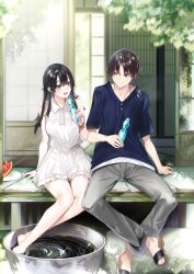 Rule 34 | 1boy, 1girl, absurdres, architecture, bare legs, bare shoulders, black hair, blue shirt, bottle, breasts, brown eyes, closed mouth, commentary request, cover, cover image, cover page, day, east asian architecture, food, fruit, green eyes, highres, hitotsuba kaede, holding, holding bottle, kakao (chocolate land), long hair, looking at another, medium breasts, novel cover, novel illustration, official art, open door, open mouth, ramune, ryoushin no shakkin, second-party source, shirt, short sleeves, sidelocks, sitting, sliding doors, smile, soaking feet, summer, t-shirt, teeth, textless version, upper teeth only, veranda, watch, water bottle, watermelon, wing collar, wooden floor, wristwatch, yoshizumi yuya