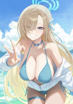 1girl absurdres asuna_(blue_archive) bare_shoulders bikini blonde_hair blue_archive blue_bikini blue_choker blue_halo blue_nails blue_ribbon blue_sky blush breasts choker cleavage cloud collarbone commentary cowboy_shot fingernails grin hair_over_one_eye hair_ribbon halo heine_(haloo1101) highres huge_breasts jacket large_breasts long_fingernails long_hair mole mole_on_breast nail_polish navel ocean ribbon shirt side-tie_bikini_bottom sky smile solo swimsuit thigh_strap track_jacket undressing v very_long_hair white_jacket white_shirt