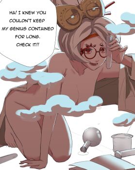 1girl all_fours arm_up book breasts collarbone commentary completely_nude convenient_censoring english_commentary english_text eye_mask flask grey_hair hair_ornament hair_stick highres holding holding_test_tube mask mask_on_head medium_breasts nintendo nude off_shoulder open_book open_mouth pomelomelon purah red-framed_eyewear red_eyes round-bottom_flask short_hair simple_background solo speech_bubble steam steam_censor test_tube the_legend_of_zelda the_legend_of_zelda:_tears_of_the_kingdom toes