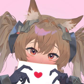 Rule 34 | 1girl, absurdres, angelina (arknights), animal ear fluff, animal ears, arknights, arknights: endfield, armor, black gloves, bracelet, brown hair, commentary request, envelope, fox ears, full armor, gilberta (arknights), gloves, headgear, heart, highres, holding, holding envelope, infection monitor (arknights), jewelry, letter, long hair, looking at viewer, love letter, pink background, red eyes, simple background, solo, twintails, upper body, valentine, ziid (ziid69)