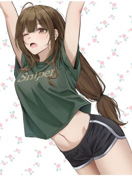 1girl ;o absurdres ahoge arms_up black_shorts breasts brown_hair commentary_request cropped_legs daiko_(dai1974910) dolphin_shorts dutch_angle floral_background flower green_shirt highres idolmaster idolmaster_shiny_colors kuwayama_chiyuki long_hair low-tied_long_hair medium_breasts navel one_eye_closed red_flower red_rose rose shirt short_shorts shorts solo stomach stretching t-shirt thighs