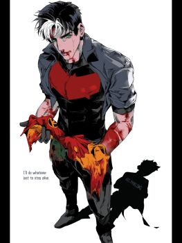 1boy bat_signal batman_(series) batman_symbol black_bodysuit black_gloves black_hair blue_eyes bodysuit dc_comics e2_yhxloki gloves grey_bodysuit hashtag-only_commentary highres jacket jason_todd male_focus multicolored_bodysuit muscular muscular_male open_clothes pants red_hood_(dc) red_hood_and_the_outlaws robin_(dc) short_hair superhero_costume taut_bodysuit two-tone_bodysuit