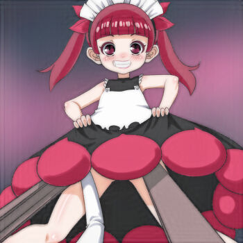 1girl black_dress blush clothes_lift dress dress_lift grin hair_ribbon kemurikusa long_hair looking_at_viewer maid maid_headdress purple_background red_eyes red_hair red_ribbon ribbon rina_(kemurikusa) sleeveless sleeveless_dress smile standing steel_beam t_jiroo_(ringofriend) teeth twintails