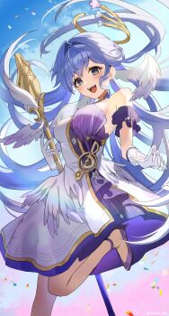 1girl absurdres aqua_hair bare_shoulders blush breasts commentary_request dress feathered_wings feathers foot_out_of_frame gloves green_eyes hair_between_eyes head_wings high_heels highres holding holding_microphone_stand honkai:_star_rail honkai_(series) long_hair looking_at_viewer medium_breasts microphone microphone_stand musical_note open_mouth pantyhose pumps robin_(honkai:_star_rail) solo standing standing_on_one_leg strapless strapless_dress sudachi_jelly white_dress white_gloves white_pantyhose wings