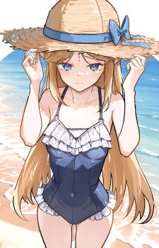 1girl absurdres alternate_costume bare_shoulders blonde_hair blue_eyes breasts cartethyia_(wuthering_waves) casual_one-piece_swimsuit closed_mouth collarbone commentary covered_navel english_commentary hands_on_headwear hat highres long_hair looking_at_viewer mole mole_on_breast ocean one-piece_swimsuit outdoors parted_bangs pointy_ears revision ryeon_(naturesan) shore sidelocks small_breasts solo straw_hat swimsuit tacet_mark_(wuthering_waves) thighs very_long_hair wuthering_waves