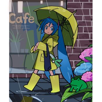 1girl animal bag bizarre_cuco blue_eyes blue_hair boots brick_wall commentary english_commentary flower frog full_body hair_ornament hatsune_miku highres holding holding_umbrella hood hood_down hooded_coat hydrangea long_hair long_sleeves looking_back looking_to_the_side outdoors pillarboxed plant rain raincoat rubber_boots solo spring_onion twintails umbrella very_long_hair vocaloid walking window yellow_raincoat