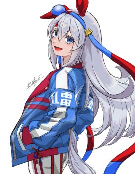 Rule 34 | 1girl, animal ears, ayrw7t1, belt, blue eyes, blue hairband, blue jacket, bow, brooch, commentary request, crop top, ear bow, ear covers, ear ornament, grey hair, grey tail, hair between eyes, hairband, headband, highres, horse ears, horse girl, horse tail, jacket, jewelry, long hair, long sleeves, pants, red belt, red headband, smile, star brooch, striped clothes, striped hairband, tail, tamamo cross (umamusume), tamamo cross (with lightning speed) (umamusume), umamusume, very long hair, white pants