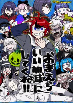6+boys 6+girls ahoge amemiya_darumi aotsuki_eito bad_food black_bow black_collar black_gloves black_hair black_hairband black_jacket black_sailor_collar black_shirt black_streaks blonde_hair blue_eyes blue_hair blue_hat blue_jacket bow braid brown_hair cape choker collar collarbone commentary_request dark-skinned_female dark_skin double_bun dougi earrings everyone eye_print eyepatch face_piercing facial_mark fingerless_gloves flask foaming_at_the_mouth furukawa_(yomawari) gakuran ginzaki_shouma glasses gloves green_hat grey_eyes grey_hair grey_jacket grey_kimono grin hair_bow hair_bun hairband hat head_rest heart heart_facial_mark highres holding holding_flask holding_plate holding_spoon hood hoodie jacket jacket_over_hoodie japanese_clothes jewelry kawana_tsubasa kimono kirifuji_nozomi labret_piercing long_hair lying magadori_kyoshika makeup maruko_gaku masked mojiro_moko multicolored_hair multicolored_jacket multiple_boys multiple_girls necklace omokage_yugamu on_side oosuzuki_kurara open_clothes open_jacket open_mouth piercing pink_eyes pink_hair plate ponytail print_eyepatch purple_hair red_cape red_choker red_eyes red_hair red_jacket red_serafuku rice runny_makeup safety_pin sailor_collar school_uniform serafuku shirt shizuhara_hiruko short_hair smile spoon streaked_hair sumino_takumi sunglasses sweatdrop the_hundred_line_-last_defense_academy- translation_request tsukumo_ima tsukumo_kako twin_braids twintails twitter_username two-tone_jacket white_hair white_hoodie white_jacket white_shirt yakushiji_takemaru yellow_shirt