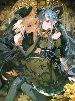 2girls :o animal_ears arknights bang_dream! bang_dream!_it&#039;s_mygo!!!!! bare_shoulders black_bow black_dress black_hat black_thighhighs blonde_hair blue_gemstone blue_hair bow cage collarbone commentary cross curled_horns dog_ears dress gem gloves hair_bow hair_ornament hairclip hand_on_another&#039;s_face hat highres horns long_hair long_sleeves looking_at_another misumi_uika misumi_uika_(caged_singer) multiple_girls official_alternate_costume parted_lips pong_(pong_o0) purple_eyes short_sleeves smile thighhighs togawa_sakiko togawa_sakiko_(master_of_melodia) very_long_hair yellow_eyes yellow_gloves yuri