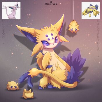 animal_focus bug character_name colored_sclera commentary commission english_commentary espeon extra_eyes fluffy forked_tail full_body fusion galvantula gen_2_pokemon gen_5_pokemon grey_background highres joltik leoiruga looking_at_another nintendo no_humans official_art_inset pokemon pokemon_(creature) pokemon_focus purple_eyes purple_fur purple_sclera simple_background sitting spider tail yellow_fur