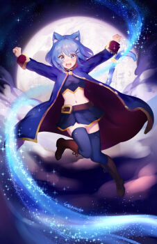 1girl :d animal_ear_fluff animal_ears belt blue_cape blue_eyes blue_hair blue_thighhighs blush boots brown_belt brown_boots cape cat_ears cat_girl cat_tail flying freckles hair_between_eyes highres k_(sktchblg) long_sleeves looking_at_viewer midriff miniskirt moon navel night nose_blush open_mouth original outdoors outstretched_arms parted_bangs short_hair skirt smile solo tail tail_ornament tail_ring teeth thighhighs upper_teeth_only