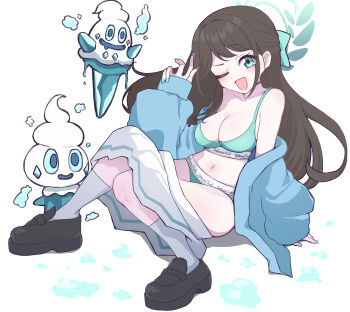 1girl absurdres airi_(band)_(blue_archive) airi_(blue_archive) bare_shoulders blue_archive blue_jacket bra breasts brown_hair gen_5_pokemon green_bra green_eyes green_panties highres jacket large_breasts looking_at_viewer navel nintendo one_eye_closed panatisia panties pokemon skirt socks sports_bra thighs underwear vanillite white_skirt white_socks