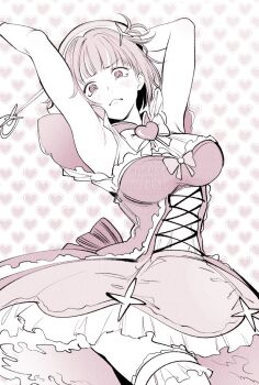 Rule 34 | 1girl, armpits, arms up, beret, blush, breasts, brooch, closed mouth, corset, cowboy shot, dress, elsie zora, embarrassed, frown, furrowed brow, hamiya, hat, heart, heart background, heart brooch, holding, holding wand, jewelry, large breasts, looking at viewer, magical girl, monochrome, petticoat, pink theme, short dress, short hair, short sleeves, sleeveless, sleeveless dress, solo, standing, symbol-shaped pupils, tearing up, tsuihousareta cheat fuyo majutsushi wa kimama na second life wo oukasuru, wand