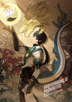 1boy absurdres armor autumn_leaves bird black_hair brown_gloves cloud commentary_request dan_heng_(honkai:_star_rail) dan_heng_(permansor_terrae)_(honkai:_star_rail) dragon dragon_boy dragon_horns dragon_tail eyeshadow fingerless_gloves from_side gloves green_eyes hand_up highres honkai:_star_rail honkai_(series) horns leaf light_smile long_hair long_sleeves makeup male_focus mountain pants parted_lips ponytail red_eyeshadow shadow shiba_(tonari_no_shiba_inu) shirt solo sun tail watermark white_pants white_shirt