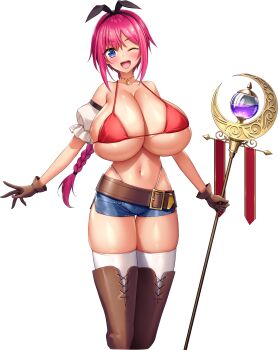 1girl :d absurdres belt bikini black_ribbon blue_eyes boots braid braided_ponytail breasts brown_belt brown_gloves citra_lockheart crescent denim denim_shorts derauea detached_sleeves game_cg gloves hair_ribbon highres holding holding_staff huge_breasts jewelry long_hair look-alike looking_at_viewer mage_staff milk_factory motto!_haramase!_honoo_no_oppai_isekai_chou_ero_succubus_gakuen! navel necklace non-web_source official_art one_eye_closed open_mouth orange_bikini puffy_short_sleeves puffy_sleeves purple_liquid red_hair ribbon short_sleeves shorts skindentation smile solo sprite staff swimsuit tachi-e thigh_boots thighhighs thong transparent_background white_thighhighs