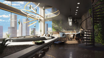 3d absurdres ball bar_stool blender_(medium) blue_sky bottle bowl building cabinet ceiling ceiling_light chair cityscape cloud cloudy_sky coffee_table commentary couch counter day english_commentary floor_lamp foxeleos hanging_light highres indoors lamp living_room lounge_chair no_humans original pebble pillow plant potted_plant reflective_floor scenery sky skyscraper spiral_staircase stairs stool table tile_floor tiles window