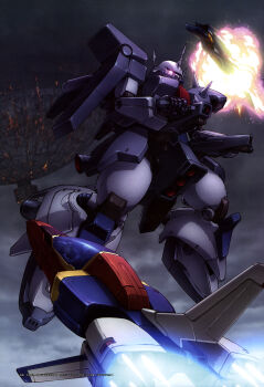 1boy absurdres aeug artist_request battle beam_cannon burning cable canopy_(aircraft) cloud cloudy_sky core_fighter damaged explosion fire flying freefall gundam gundam_perfect_file gundam_zz highres judau_ashta machinery magazine_scan mecha mecha_pilot_suit mobile_suit neo_zeon o&#039;neill_cylinder one-eyed pilot pink_eyes radio_antenna realistic robot scan scene_reference science_fiction shield sky spacecraft starfighter thrusters when_you_see_it zaku_iii zaku_iii_rakan_dahkaran_custom zz_gundam