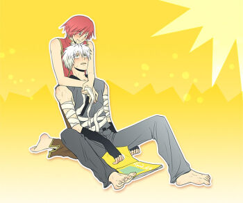 Rule 34 | 2boys, assassin (ragnarok online), bandages over clothes, barefoot, blush, commentary request, dated commentary, full body, grey pants, grey shirt, hug, hug from behind, looking at another, male focus, multiple boys, oomojiya, open mouth, pants, ragnarok online, red hair, red shirt, shirt, short hair, sitting, sleeveless, sleeveless shirt, white hair, wizard (ragnarok online), yaoi, yellow background