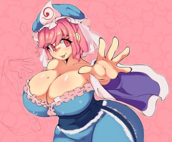 1girl blue_hat blue_kimono breasts commentary english_commentary hat highres hitodama japanese_clothes kimono long_sleeves looking_at_viewer mob_cap mole mole_on_breast pink_background pink_eyes pink_hair plump reaching reaching_towards_viewer saigyouji_yuyuko sash short_hair simple_background solo swiiiiitch touhou triangular_headpiece wide_sleeves