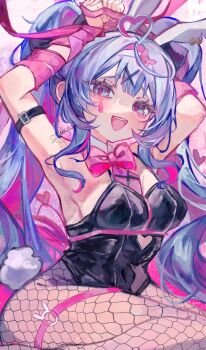 1girl :d aegyo_sal animal_ears armpits arms_up bare_shoulders black_leotard blue_eyes blue_hair bound bound_wrists bow bowtie breasts center-flap_bangs clothing_cutout colored_inner_hair commentary covered_navel cutout_above_navel detached_collar double-parted_bangs fake_animal_ears fake_tail feet_out_of_frame fishnet_pantyhose fishnets from_below hair_between_eyes hair_intakes hair_ornament halftone hatsune_miku heart heart_cutout highres leotard long_hair multicolored_hair necktie open_mouth painterly pantyhose pink_background pink_bow pink_bowtie pink_hair pink_necktie pink_pupils playboy_bunny rabbit_ears rabbit_hole_(vocaloid) rabbit_tail raised_inner_eyebrows round_eyewear seiza sideboob simple_background sitting small_breasts smile solo symbol-only_commentary tail teardrop_facial_mark teeth thigh_strap tie_clip tongue twintails two-tone_hair upper_teeth_only very_long_hair vocaloid white_tail x_hair_ornament yena_s