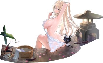 1girl 1other ass bamboo black_feathers blonde_hair breasts bucket butt_crack cane cherry_blossoms chipy covering_privates eye_mask feathers game_cg hair_between_eyes hairpin_in_mouth karasuba_sapphire karasuba_sapphire_(last_line_of_defense) large_breasts legs letter long_hair looking_at_viewer mask naked_towel non-web_source nude nude_cover official_alternate_costume official_art petals poker_fate pouring purple_eyes shishi_odoshi sideboob sitting solo_focus souzu towel towel_around_waist towel_on_head towel_pull transparent_background tying_hair unworn_eyewear water wet wet_towel wooden_bucket zhu_yin_(mannermana)