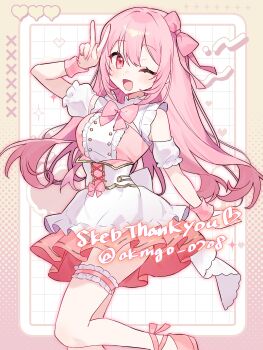 1girl ;d absurdres aisaki_yuka akrngo_0708 arm_up blush border bow bowtie commentary commission dress feet_out_of_frame frilled_thigh_strap gradient_border grid_background hair_between_eyes hair_bow hashtag-only_commentary highres indie_virtual_youtuber long_hair looking_at_viewer one_eye_closed open_mouth outside_border pink_border pink_bow pink_bowtie pink_eyes pink_hair pink_shoes shoes skeb_commission sleeveless sleeveless_dress smile solo thank_you thigh_strap twitter_username v virtual_youtuber white_background white_dress yellow_border