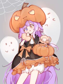 1girl absurdres black_cape black_skirt bloomers blue_eyes bucket cape commentary_request dot_nose electromocha feet_out_of_frame ghost grey_background halloween_bucket hands_up heterochromia highres holding holding_bucket korean_commentary layered_skirt long_hair multicolored_skirt open_mouth pumpkin_hat purple_hair silk skirt spider_web standing stellive straight-on tenko_shibuki underwear very_long_hair virtual_youtuber white_bloomers yellow_eyes