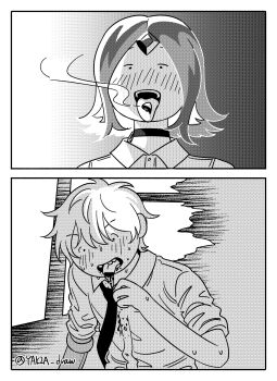 1boy 1girl adventure_time blood blood_from_mouth chainsaw_man choker commentary cosplay crossover denji_(chainsaw_man) denji_(chainsaw_man)_(cosplay) finn_the_human flame_princess forehead_jewel greyscale highres monochrome necktie open_mouth reze_(chainsaw_man) reze_(chainsaw_man)_(cosplay) shirt short_hair sweat symbol-only_commentary tongue tongue_out twitter_username yakza_draw