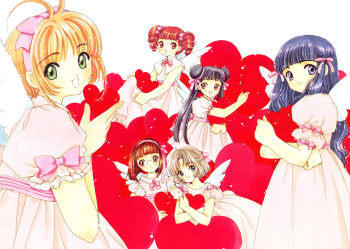 1990s_(style) 6+girls absurdres black_hair blonde_hair cardcaptor_sakura child clamp daidouji_tomoyo double_bun dress drill_hair everyone green_eyes hair_bun heart highres kinomoto_sakura li_meiling long_hair looking_at_viewer looking_back mihara_chiharu multiple_girls official_art orange_hair red_eyes retro_artstyle sasaki_rika short_hair twin_drills twintails wings yanagisawa_naoko