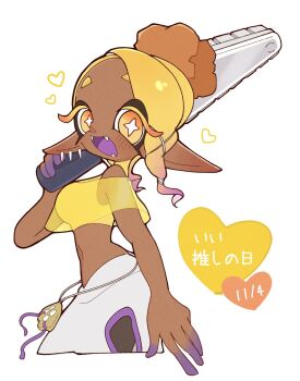 1girl 333surimi blonde_hair breasts colored_eyelashes colored_fingertips colored_tongue crop_top cropped_legs dark-skinned_female dark_skin earrings fangs frye_(deep_cut_outfit)_(splatoon) frye_(splatoon) highres inkling jewelry long_pointy_ears multiple_earrings nintendo open_mouth pants pointy_ears purple_tongue shawl solo splatoon_(series) splatoon_3 tentacle_hair tooth_earrings yellow_eyes yellow_shawl