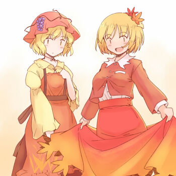 2girls :/ :d aki_minoriko aki_shizuha apron blonde_hair blush breast_pocket breasts brown_eyes brown_skirt buttons commentary_request feet_out_of_frame grape_hat_ornament hair_ornament hat leaf_hair_ornament long_sleeves medium_breasts mob_cap multiple_girls open_mouth pocket rangycrow red_apron red_hat red_skirt shirt short_hair skirt skirt_hold smile touhou wheat_print white_shirt yellow_background yellow_shirt |_|