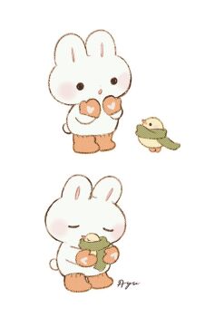 :o animal animal_focus ayu_(mog) baby_animal bird blush_stickers chick closed_eyes commentary commentary_request english_commentary green_scarf hug mittens mixed-language_commentary no_humans open_mouth orange_mittens orange_socks original rabbit romaji_commentary scarf signature simple_background socks solid_circle_eyes white_background