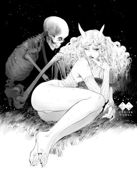 1girl 1other armpit_hair artist_logo artist_name ass bare_shoulders barefoot behind_another breasts censored closed_mouth corset curly_hair earrings elbow_gloves feet fingerless_gloves fingernails fish freckles full_body gloves godiva_ghoul grass greyscale half-closed_eye highres horns jewelry knees legs legs_together lip_pull lips lipstick logo long_fingernails long_hair looking_at_viewer lying makeup monochrome multiple_moles night night_sky on_grass on_ground on_side one_eye_closed original panties parted_bangs sharp_fingernails sharp_toenails skeleton skull sky star_(sky) tassel tassel_earrings teasing teeth thong thumb_to_mouth toe_ring toenails toes underwear upper_teeth_only wavy_hair