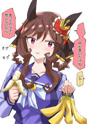 Rule 34 | 1girl, animal ears, banana, blush, breasts, collarbone, commentary request, eating, food, fruit, gentildonna (umamusume), gorilla, hair between eyes, hair ornament, hair rings, horse ears, horse girl, large breasts, nodachi (artist), open mouth, red eyes, ribbon, school uniform, solo, tracen school uniform, translation request, umamusume, white background