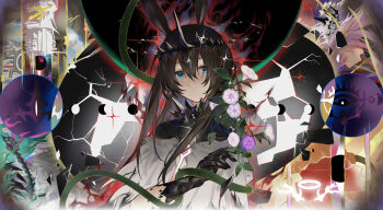 2girls absurdres amiya_(arknights) amiya_(demon_king)_(arknights) animal_ears arknights blue_eyes brown_hair closed_mouth crown dress floating_crown flower hair_between_eyes highres long_hair looking_at_viewer material_growth multiple_girls oripathy_lesion_(arknights) pink_hair rabbit_ears sidelocks solarisyuri! solo_focus theresa_(arknights) torn_clothes upper_body white_dress