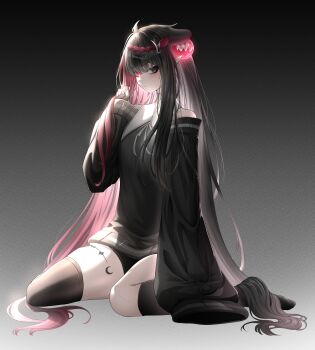 1girl absurdres animal_ears animatrix aquwa bare_shoulders black_eyes black_hair black_shorts black_sweater black_thighhighs closed_mouth colored_inner_hair commentary english_commentary from_side full_body grabbing_own_hair hair_ornament heterochromia highres holding holding_own_hair indie_virtual_youtuber long_hair long_sleeves looking_at_viewer multicolored_hair no_shoes pink_eyes pink_hair shorts sidelighting sitting sleeves_past_fingers sleeves_past_wrists solo sweater thick_thighs thighhighs thighs very_long_hair virtual_youtuber wariza