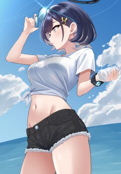 1girl adjusting_eyewear alternate_costume aqua_eyes bikini bikini_under_clothes black_hair black_shorts blue-framed_eyewear blue_archive blue_sky bottle breasts chihiro_(blue_archive) colored_inner_hair commentary_request cowboy_shot day eyewear_on_head from_side hair_ornament highres holding holding_bottle horizon large_breasts midriff multicolored_hair navel ocean outdoors plastic_bottle rabbit_hair_ornament raimu_(clanberry000) revision shirt short_hair short_shorts short_sleeves shorts sky solo swimsuit thighs tied_shirt watch water_bottle white_shirt wristwatch