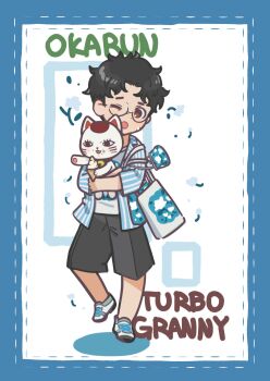1boy animal bag black_hair blue_border border brown_eyes cat character_name dandadan food food_on_face full_body glasses grey_shorts highres holding holding_animal holding_cat holding_ice_cream_cone ice_cream_cone jeon10457441 male_focus one_eye_closed open_mouth parted_bangs print_shirt round_eyewear shirt shirt_under_shirt shoes shopping_bag short_hair shorts sneakers striped_clothes striped_shirt sweatdrop takakura_ken_(dandadan) turbo_granny_(dandadan) white_background white_shoes