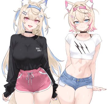 2girls :3 :d absurdres adapted_costume alternate_costume animal_ear_fluff animal_ears bandaid bandaid_hair_ornament black_choker black_shirt blonde_hair blue_eyes blue_hair blue_hairband blue_shorts bluefield bra_strap breasts choker closed_mouth colored_inner_animal_ears cowboy_shot cropped_shirt crossed_bangs cutoff_jeans cutoffs denim denim_shorts dog_ears dog_girl dog_tail dolphin_shorts double-parted_bangs exposed_pocket fake_horns frayed_shorts fuwawa_abyssgard hair_between_eyes hair_intakes hair_ornament hairband hairclip highres hololive hololive_english horn_hairband horns large_breasts long_hair long_sleeves looking_at_viewer midriff mococo_abyssgard mococo_abyssgard_(1st_costume) multicolored_hair multiple_girls nail_polish navel open_mouth pink_eyes pink_hair pink_hairband pink_nails pink_shorts shirt shirt_tucked_in short_hair short_shorts short_sleeves shorts siblings simple_background sisters sleeves_past_wrists small_breasts smile straight-on streaked_hair t-shirt tail thigh_gap twins two_side_up virtual_youtuber white_background white_shirt x_hair_ornament