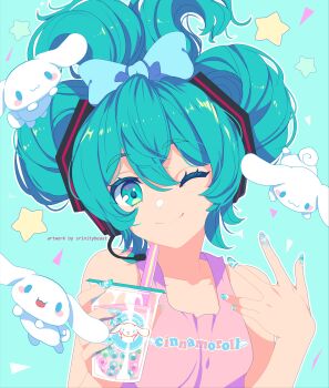 1girl absurdres aqua_eyes aqua_hair blue_bow blue_eyes blush_stickers bow cinnamiku cinnamoroll closed_mouth colored_eyelashes curled_tail eyelashes fuwa_fuwa_cinnamoroll hair_bow hatsune_miku highres large_ears medium_hair multiple_persona nail_art sanrio smile srinitybeast star_(symbol) two_side_up upper_body vocaloid white_fur