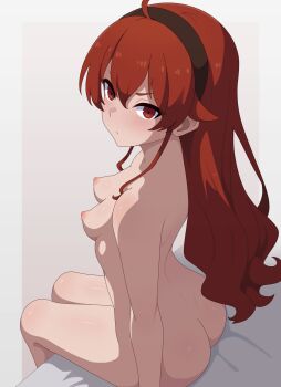 1girl absurdres ahoge ass back bed_sheet black_hairband blush breasts closed_mouth completely_nude eris_greyrat from_side gradient_background grey_background guilegaze hairband highres long_hair looking_at_viewer looking_to_the_side mushoku_tensei nipples nude on_bed red_eyes red_hair sitting small_breasts solo v-shaped_eyebrows very_long_hair