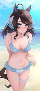 1girl ahoge animal_ears bare_shoulders beach bikini blue_eyes blue_sky blush breasts brown_hair collarbone commentary_request daring_tact_(umamusume) frilled_bikini frills hair_between_eyes hair_ornament highres horse_ears horse_girl horse_tail long_hair looking_at_viewer medium_breasts navel ocean outdoors sky smile solo star_(symbol) star_hair_ornament stomach swimsuit tail takmi thigh_strap umamusume water white_bikini