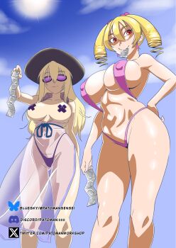 2girls alternate_breast_size_(larger) bikini blonde_hair condom curvy digimon digimon_xros_wars digimon_xros_wars:_toki_wo_kakeru_shounen_hunter-tachi hat highleg highleg_bikini highres long_hair multiple_girls outdoors patoman000 pink_eyes shiny_skin smile sunglasses suzaki_airu swimsuit thong thong_bikini twintails wide_hips