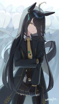 1girl ahoge animal_ears black_choker black_coat black_gloves black_hair black_pantyhose black_shirt black_skirt choker coat collared_shirt ear_tag earrings gasatsuneo gloves hair_between_eyes highres horse_ears horse_girl horse_tail jewelry long_bangs long_hair long_hair_between_eyes long_sleeves looking_at_viewer manhattan_cafe_(creeping_shadow)_(umamusume) manhattan_cafe_(umamusume) multicolored_hair necktie pantyhose parted_lips shirt single_earring skirt solo tail umamusume very_long_hair white_hair yellow_eyes yellow_necktie